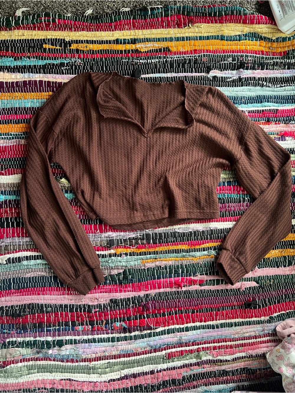 SHEIN Brown Cropped Waffle Knit Long-Sleeve Top